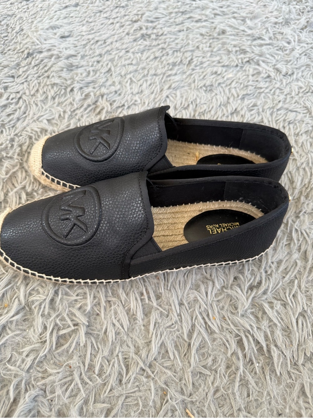 MICHAEL Michael Kors Black Leather Espadrille Flats with Embossed MK